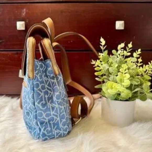 Calvin Klein Elaine Monogram Logo Denim & Brown Faux Leather Mini Backpack - Picture 4 of 14
